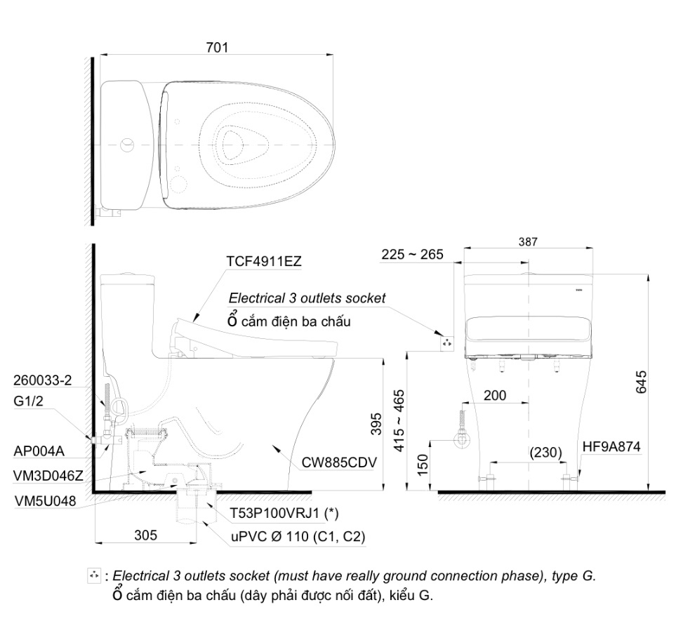 Bồn cầu điện tử TOTO MS885CDW12