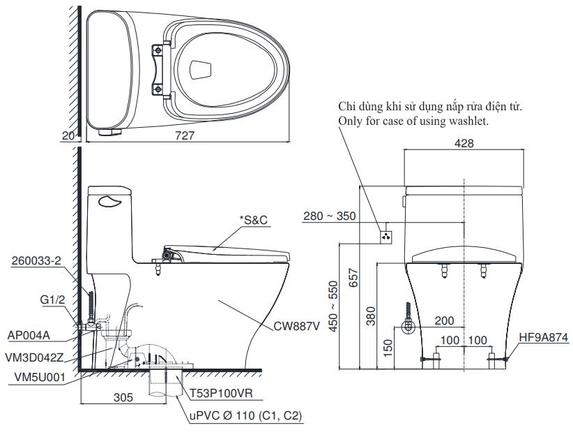 Bản vẽ bàn cầu TOTO C887R#XW