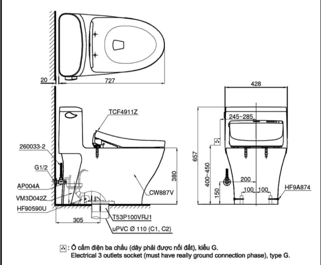 Bản vẽ bồn cầu điện tử TOTO MS887RW11