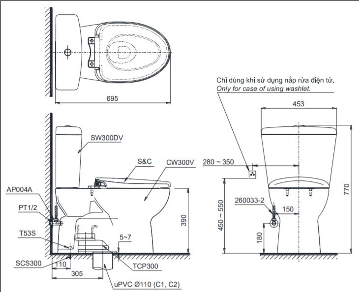 Bản vẽ kỹ thuật bàn cầu TOTO CS300DRT3