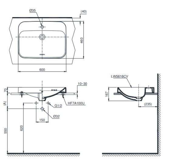 Bản vẽ lavabo TOTO LT5616C đặt bàn