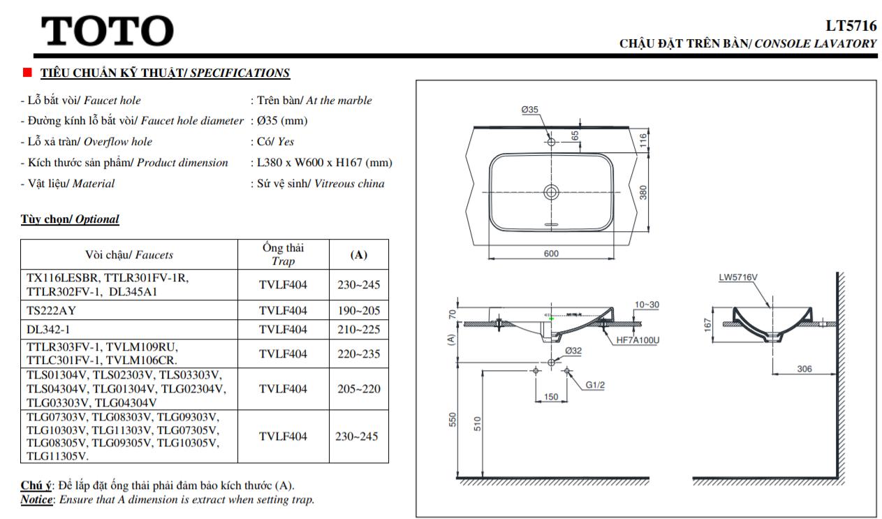 Bản vẽ kỹ thuật lavabo TOTO LT5716#XW