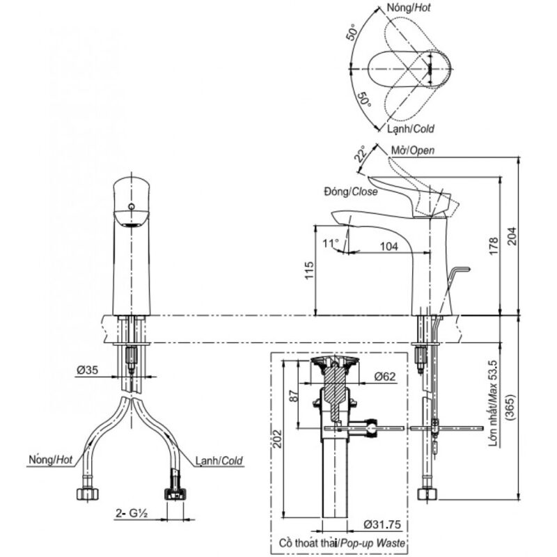 Bản vẽ vòi Lavabo TOTO TLG01301V nóng lạnh