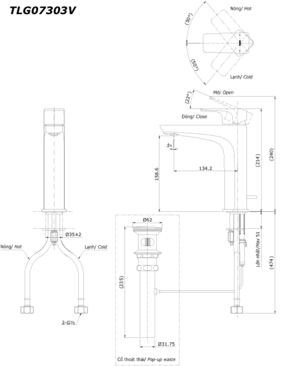 Bản vẽ Vòi Lavabo TOTO TLG07303V Nóng Lạnh