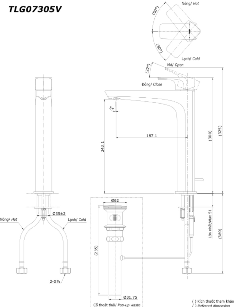 Bản vẽ Vòi Lavabo TOTO TLG07305V Nóng Lạnh