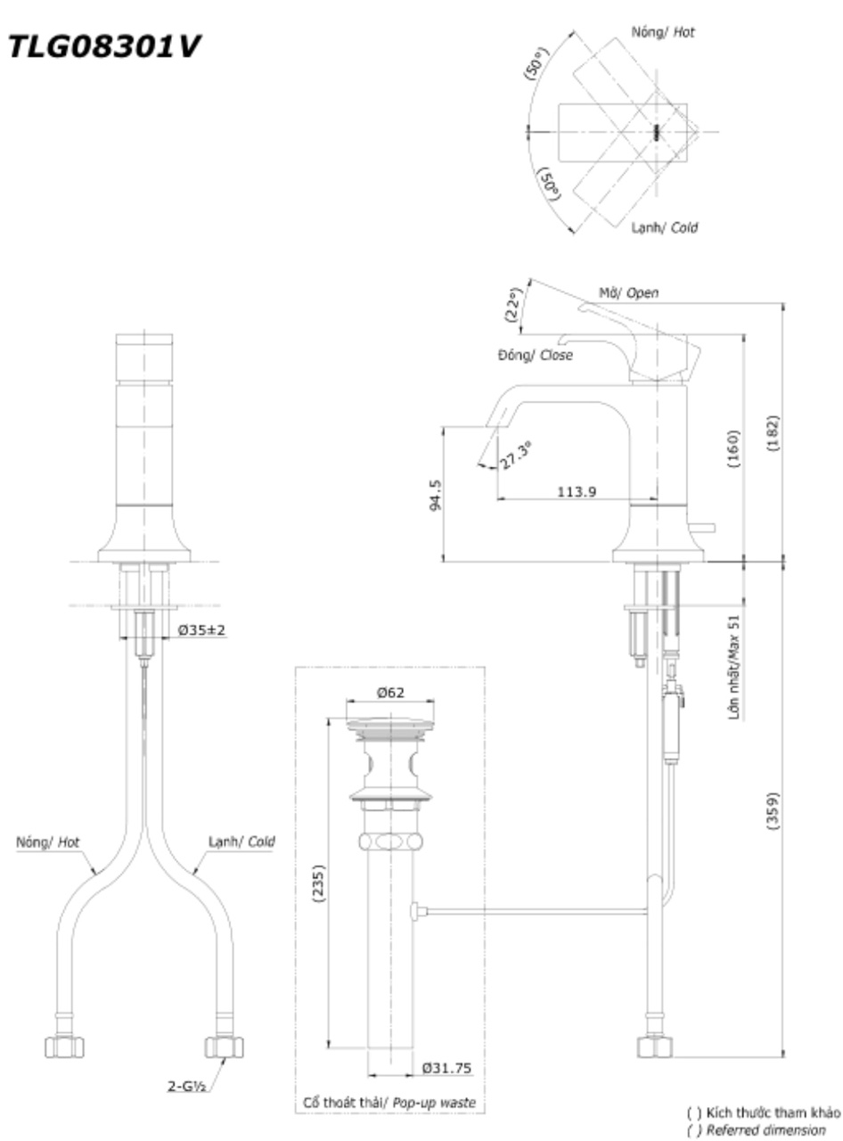 Bản vẽ Vòi Lavabo TOTO TLG08301V Nóng Lạnh