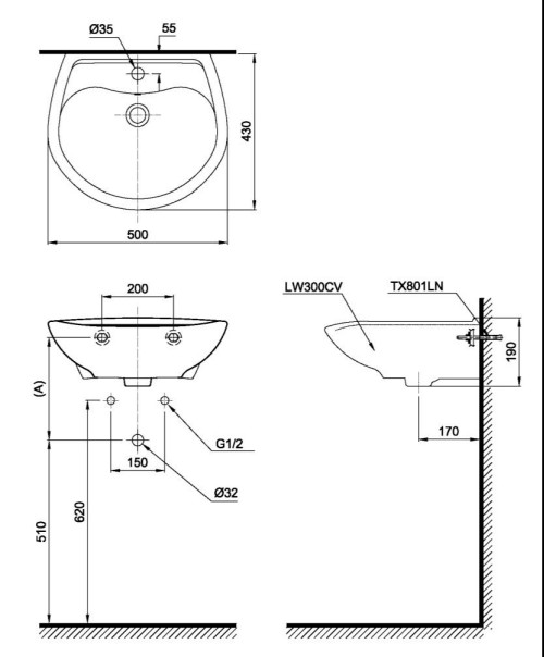 Bản vẽ kỹ thuật chậu lavabo TOTO LT300C