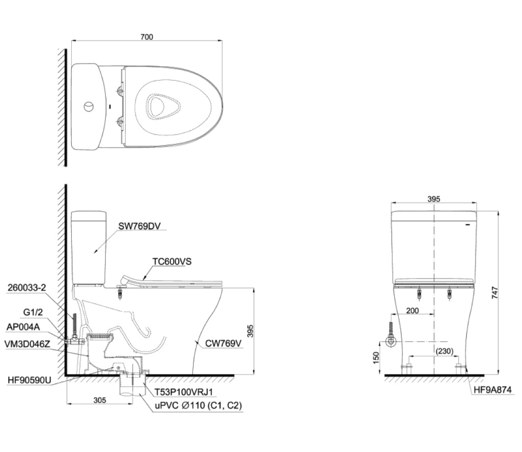 bản vẽ kỹ thuật bàn cầu TOTO CS769DRT8#XW