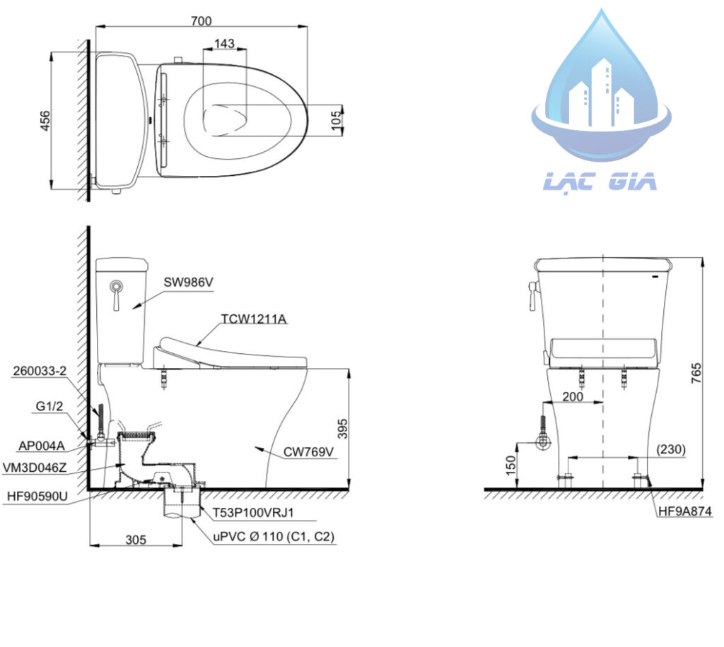 Bản vẽ cầu TOTO CS986GE4 nắp rửa cơ