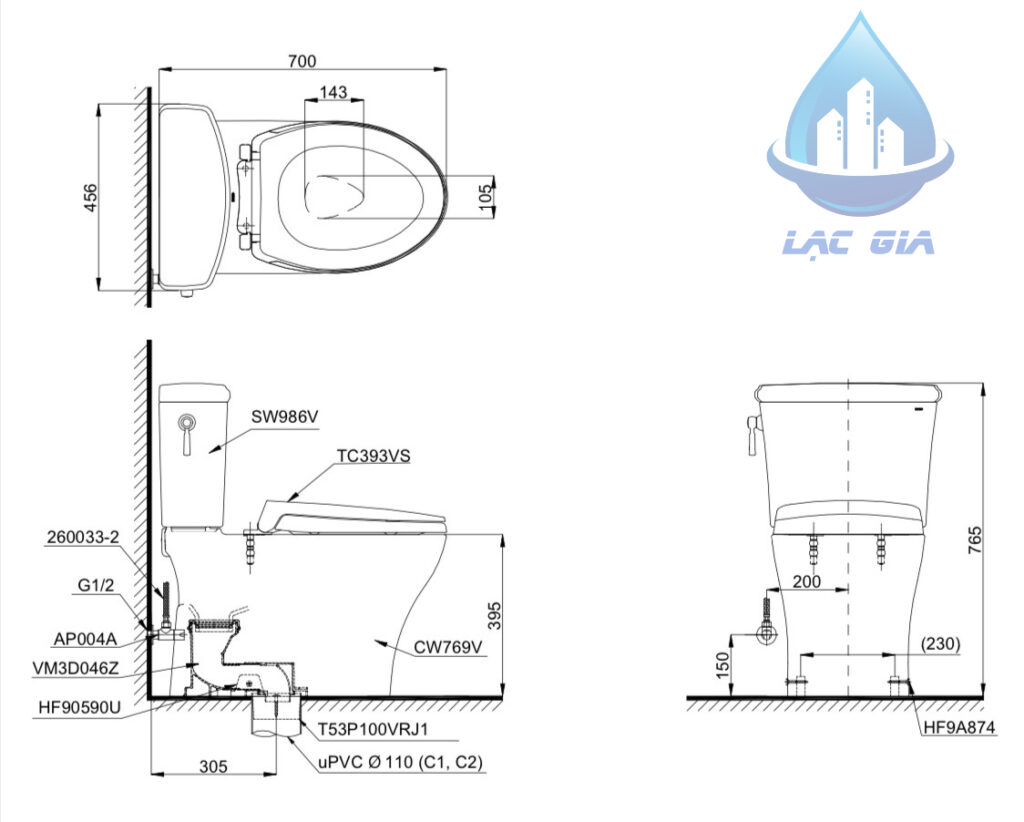 Bản vẽ bàn cầu hai khối TOTO CS986GT2 nắp TC393VS