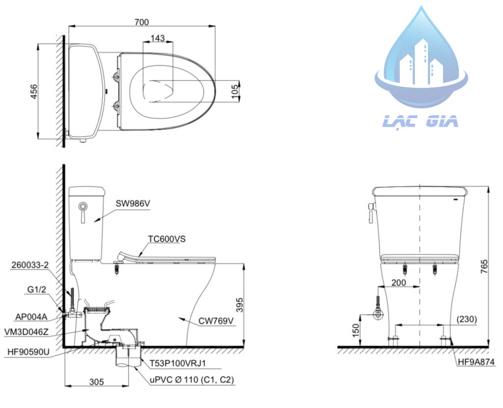 Bản vẽ kỹ thuật bồn cầu TOTO CS986GT8 hai khối nắp TC600VS