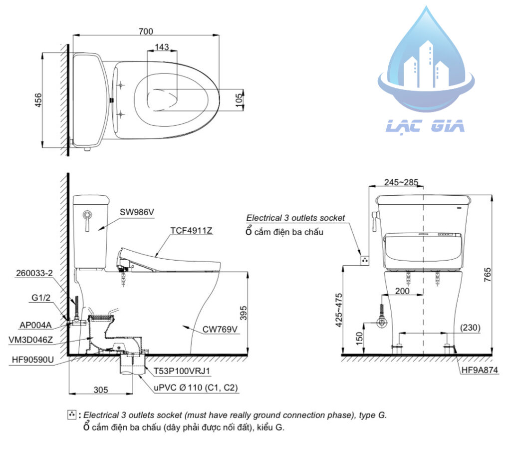 Bản vẽ kỹ thuật bàn cầu điện tử TOTO CS986GW11