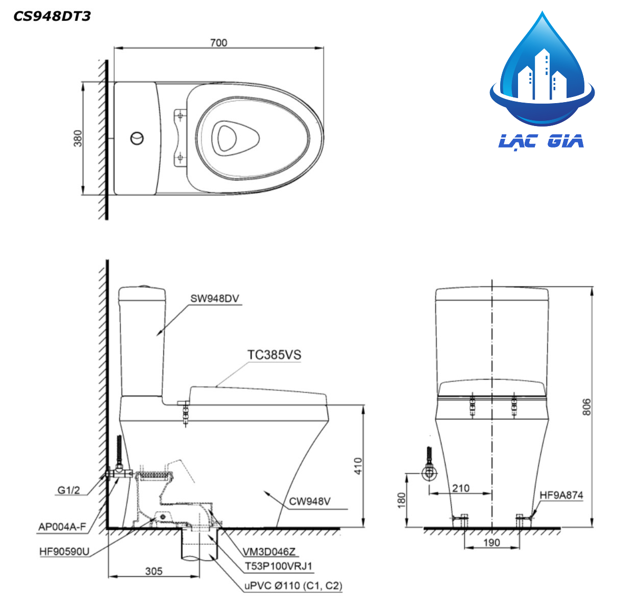 Bồn cầu TOTO CS948DT3 hai khối