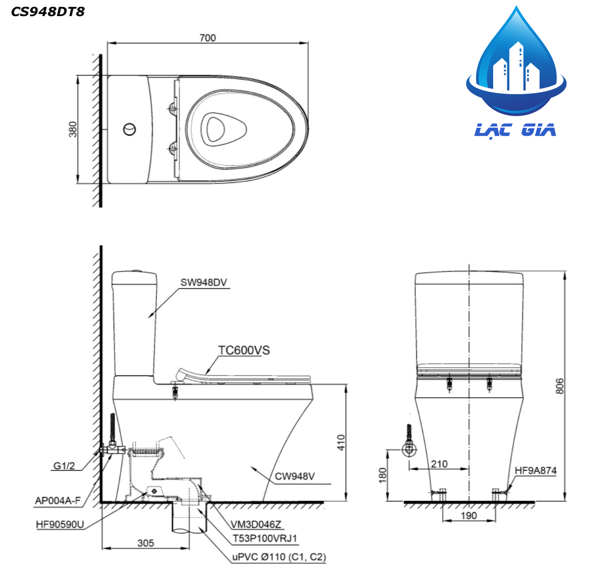Bản vẽ cầu TOTO 2 khối CS948DT8