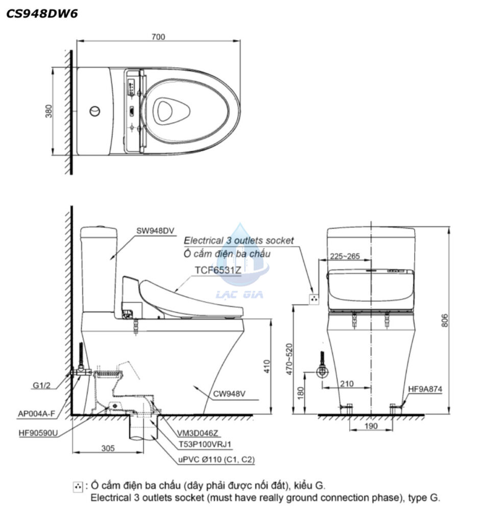 Bản vẽ bàn cầu điện tử TOTO CS948DW6