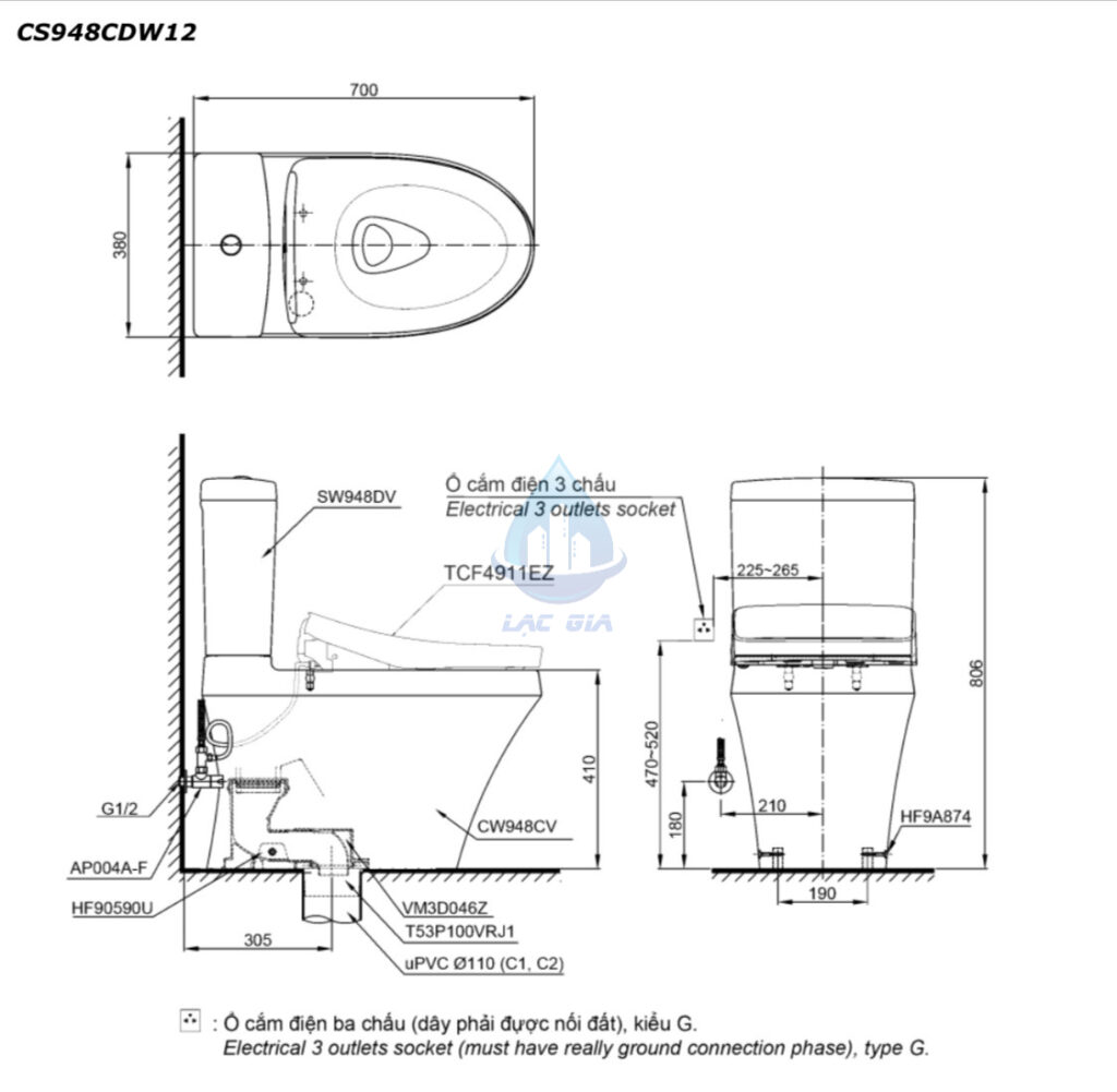 Bản vẽ kỹ thuật bàn cầu điện tử TOTO CS948CDW12