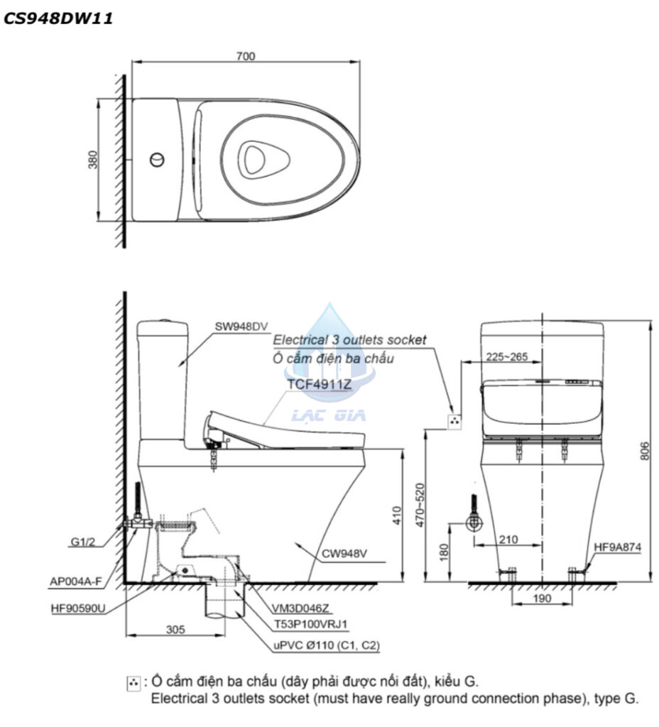 Bản vẽ bàn cầu TOTO CS948DW11