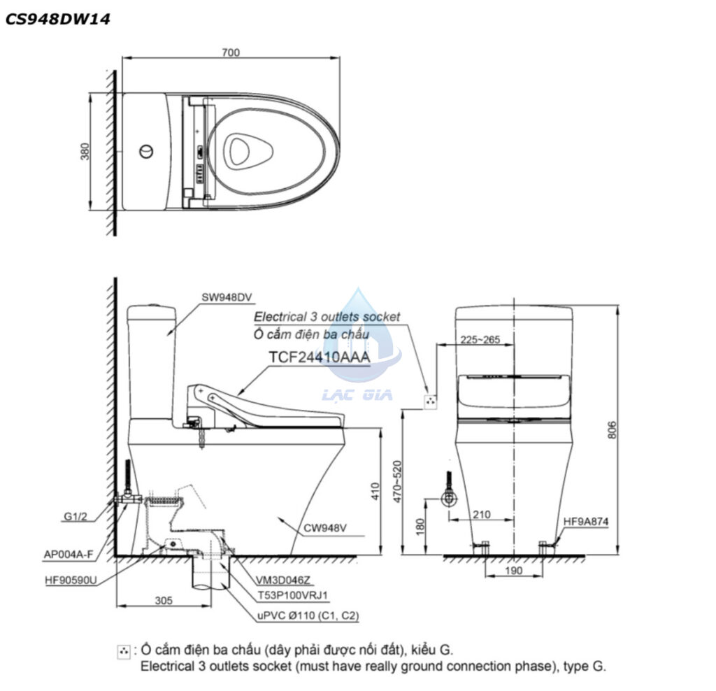 Bản vẽ bàn cầu CS948DW14