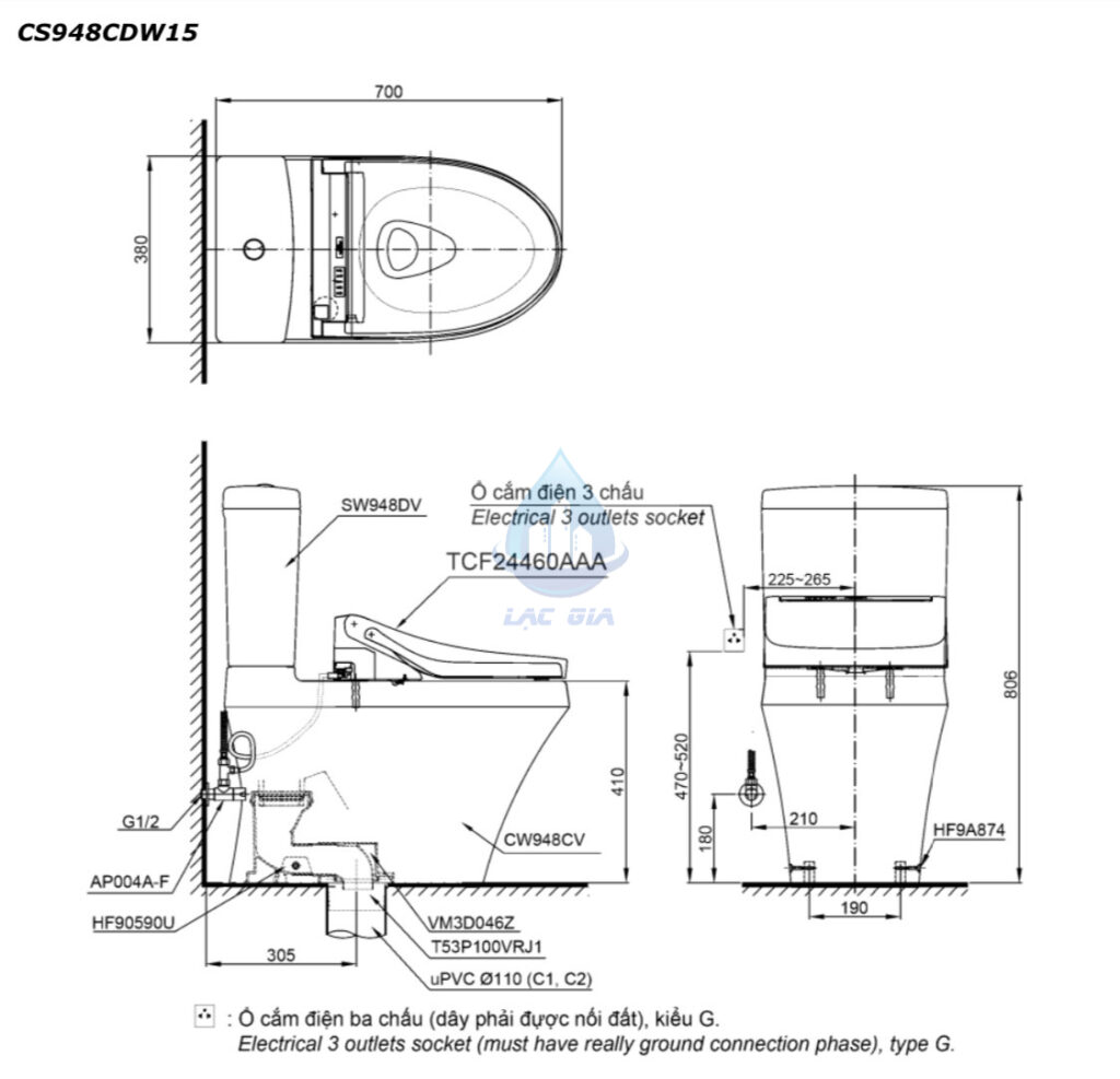 Bản vẽ bàn cầu điện tử TOTO CS948CDW15