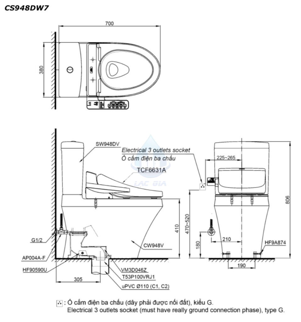 Bản vẽ bàn cầu điện tử CS948DW7