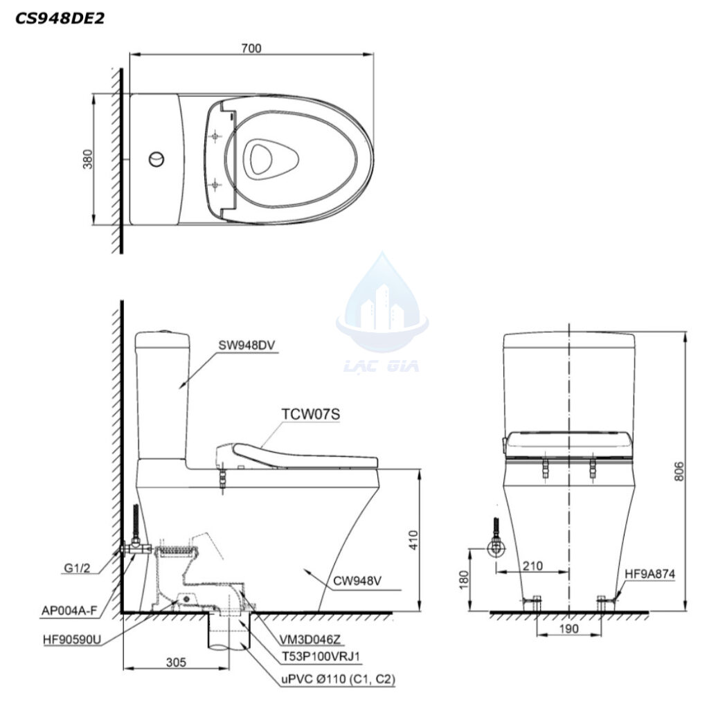 Bản vẽ kỹ thuật bồn cầu TOTO CS948DE2