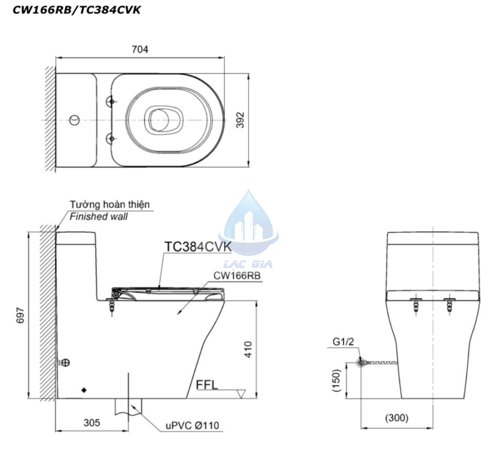 Bản vẽ bàn cầu 1 khối CW166RB/TC384CVK
