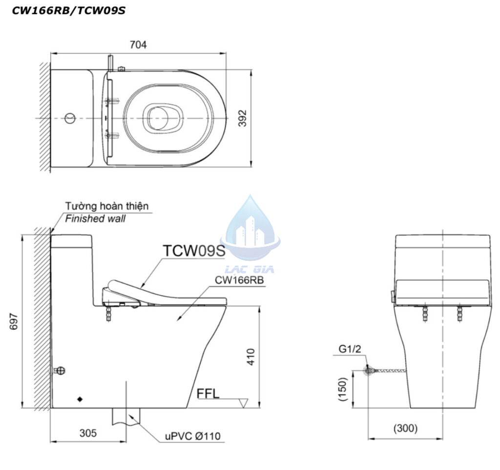 Bản vẽ bàn cầu TOTO CW166RB/TCW09S nắp rửa cơ