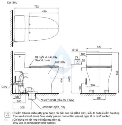 Bản vẽ kỹ thuật bàn cầu TOTO 188