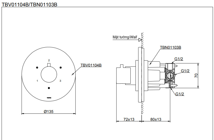 Bản vẽ kỹ thuật sen âm tường TBV01104B/TBN01103B