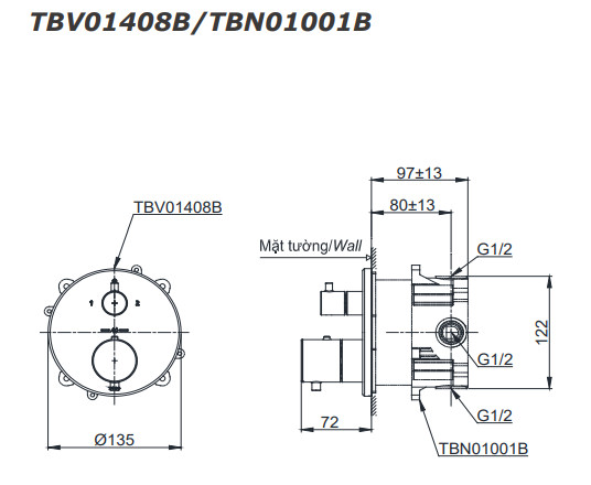 Bản vẽ kỹ thuật sen âm nhiệt độ TOTO TBV01408B/TBN01001B