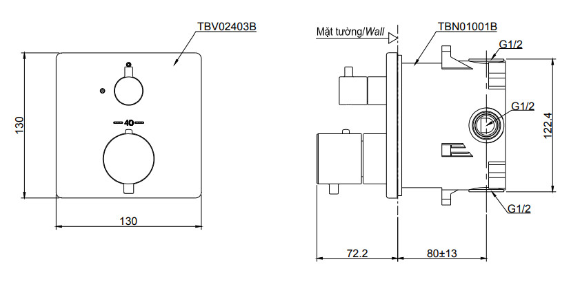 Bản vẽ kỹ thuật sen nhiệt độ âm tường TBV02403B/TBN01001B