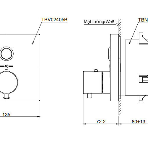 Bản vẽ kỹ thuật sen âm tường nhiệt độ TBV02405B/TBN01001B