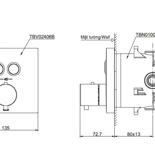 Bản vẽ kỹ thuật sen nhiệt độ âm tường TVB02406B/TBN01001B