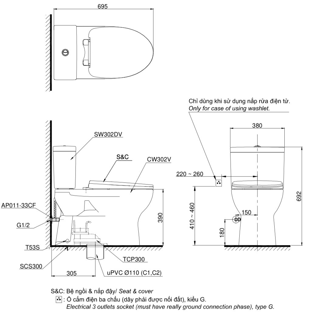 Bản vẽ kỹ thuật bồn cầu TOTO CS302
