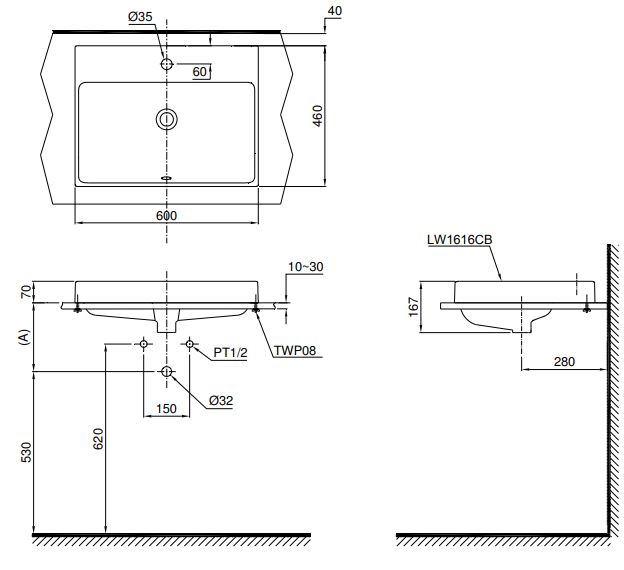 Bản vẽ lavabo TOTO L1616C