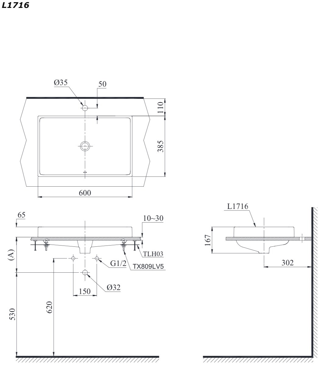 bản vẽ lavabo TOTO L1716 đặt bàn