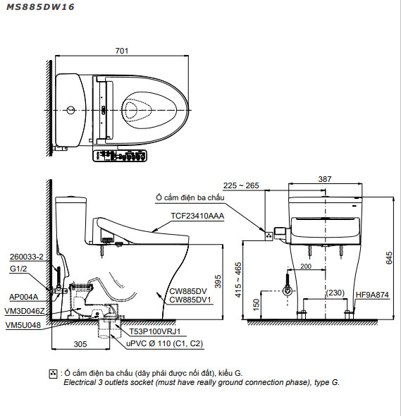 Bản vẽ bàn cầu TOTO MS885DW16