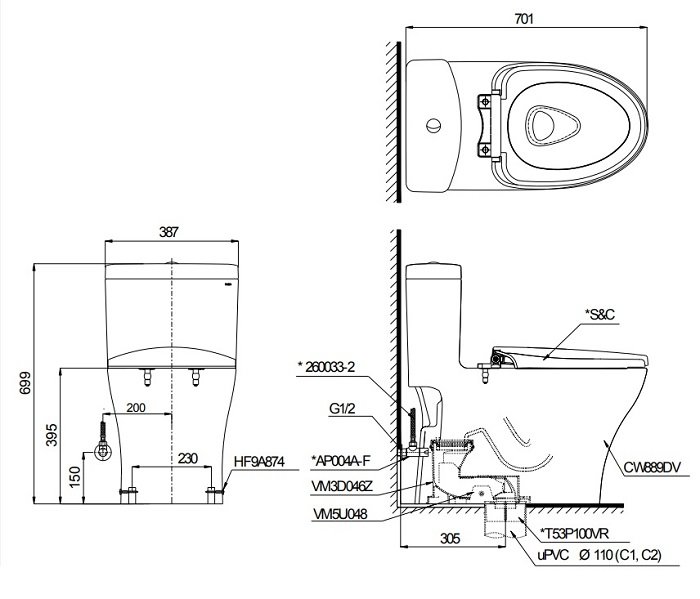 Bản vẽ bàn cầu TOTO MS889DR