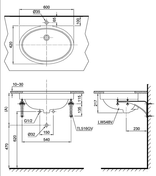 Bản vẽ lavabo TOTO LT548#XW âm bàn