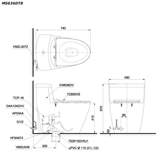 Bản vẽ kỹ thuật bàn cầu TOTO MS636DT8