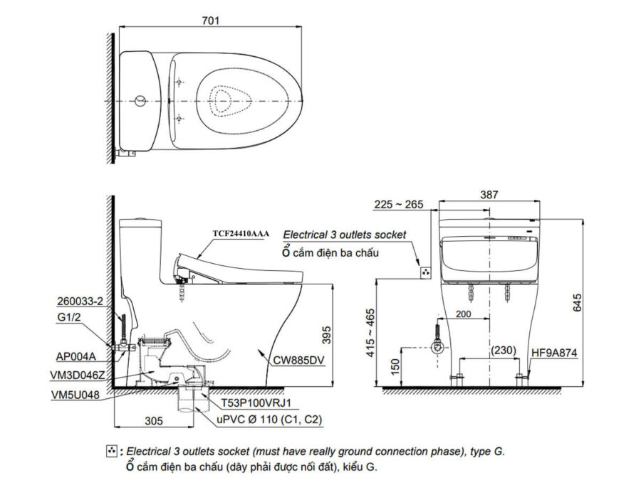 Bản vẽ kỹ thuật bàn cầu TOTO MS885DW14