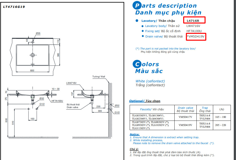 Bản vẽ kỹ thuật chậu rửa mặt TOTO L4716G19#XW