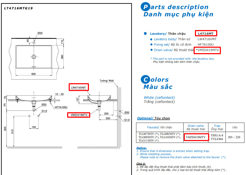 Bản vẽ kỹ thuật chậu rửa mặt TOTO L4716MTG19#CMW