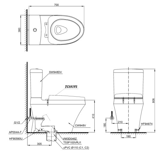 Bản vẽ bàn cầu TOTO CS948DT10