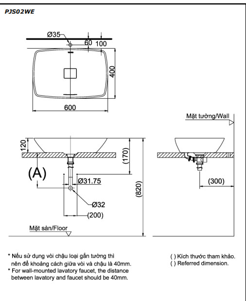 bản vẽ lavabo TOTO PJS02WE
