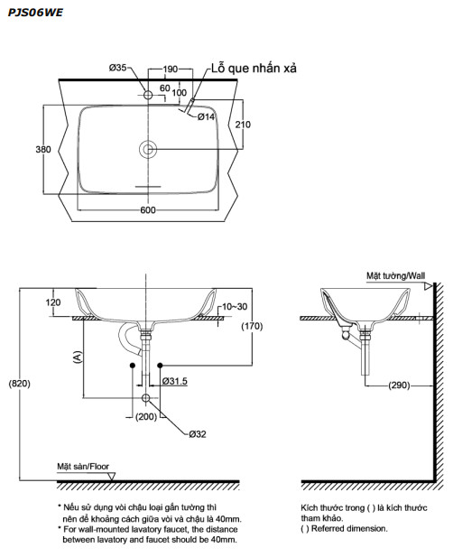Bản vẽ kỹ thuật chậu rửa mặt lavabo TOTO PJS06WE
