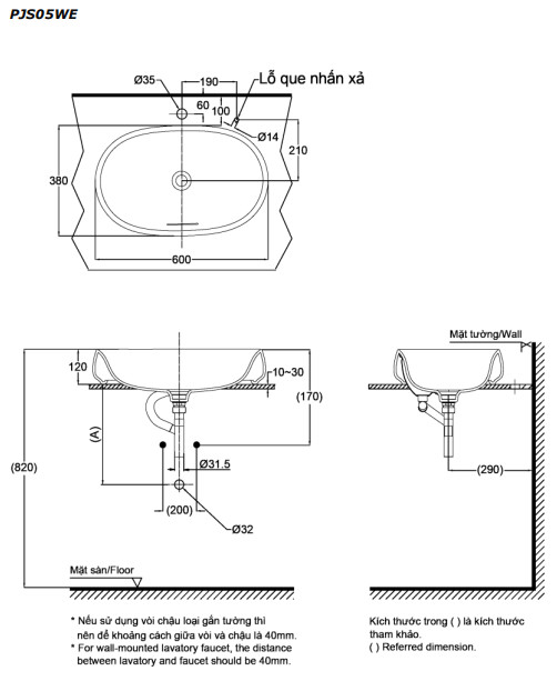 Bản vẽ kỹ thuật chậu rửa mặt lavabo TOTO PJS05WE