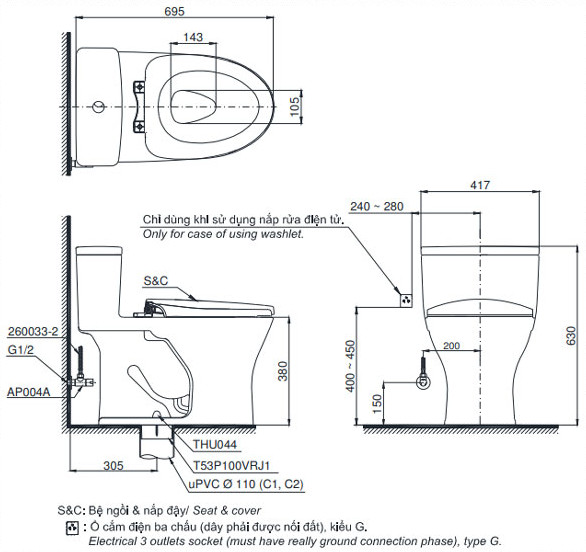 Bản vẽ kỹ thuật bàn cầu TOTO C855D
