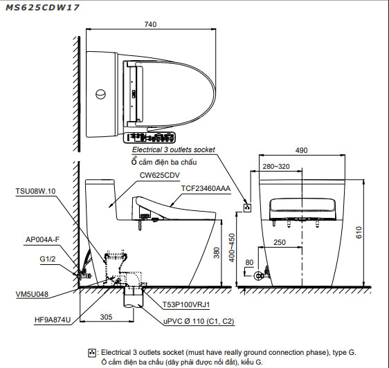 Bản vẽ kỹ thuật bàn cầu TOTO MS625CDW17#XW