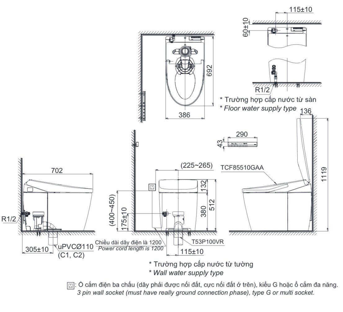 Bản vẽ kỹ thuật bàn cầu điện tử CS921VT/TCF85510GAA